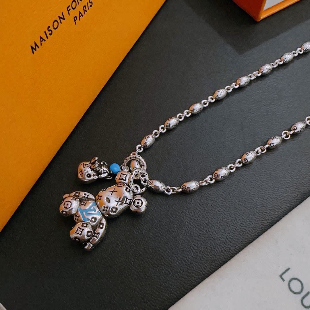 Louis Vuitton Silver Beaded Necklace with Bear Charm